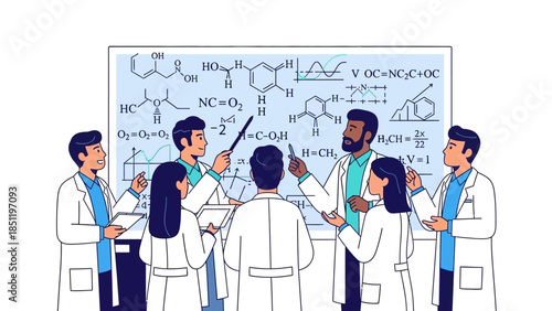 Chemists collaborating in front of a scientific formula board in a modern laboratory