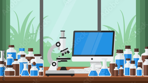 Bright home laboratory setup with microscope and chemistry glassware
