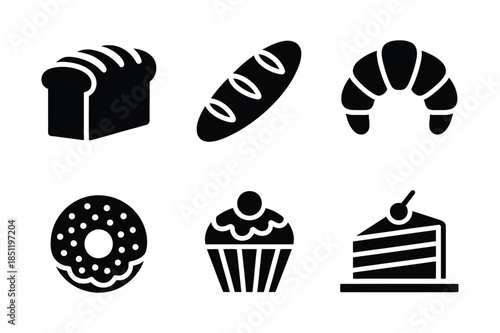 Bakery and pastry icon set for food shop and dessert menu