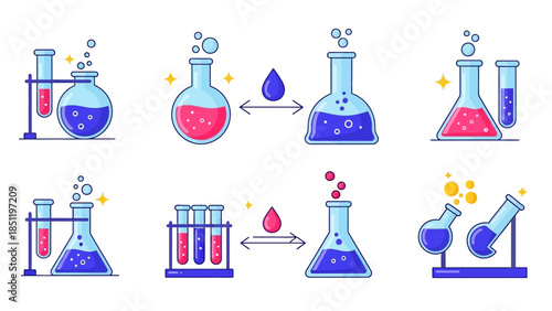 Colorful flat chemistry icons featuring laboratory glassware and reactions