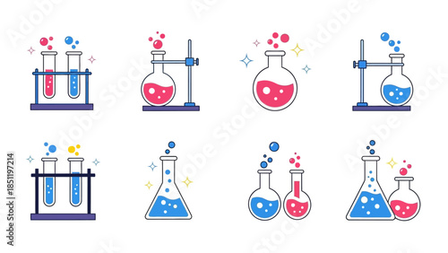 Colorful chemistry icons featuring test tubes and flasks in flat design style