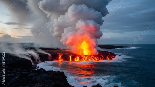 Powerful volcanic eruption along a rugged coastline, where glowing molten lava spills into the ocean, generating thick steam and smoke clouds