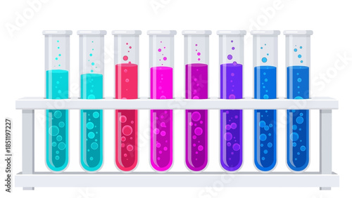 Colorful test tubes with bubbles in a linear lab setup on white background