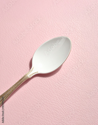 A spoon covered in yogurt on a pastel pink background