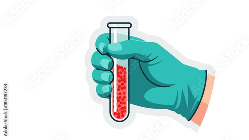 Laboratory gloved hand holding test tube with red liquid on white background