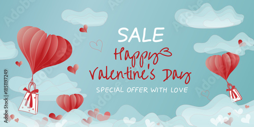 Happy Valentine's Day sale poster with flying heart balloons, soft clouds and handwritten typography. Romantic vector banner for special offer and festive advertising.