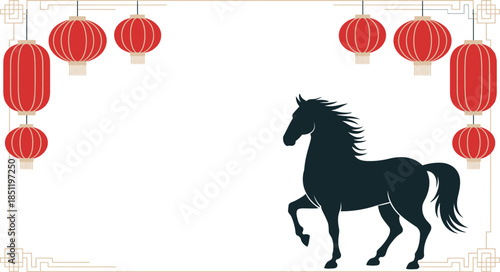 Chinese New Year lanterns and horse silhouette with frame on transparent background for festive invitation card design