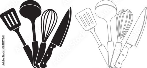 Kitchen Cooking Utensils Vector Icon Set with Spatula, Ladle, Whisk, and Knife in Black and Outline isolated PNG with Transparent Background