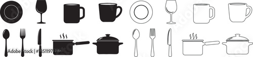 Set of Kitchenware and Cooking Utensil Vector Icons in Black Fill and Outline Style isolated PNG with Transparent Background