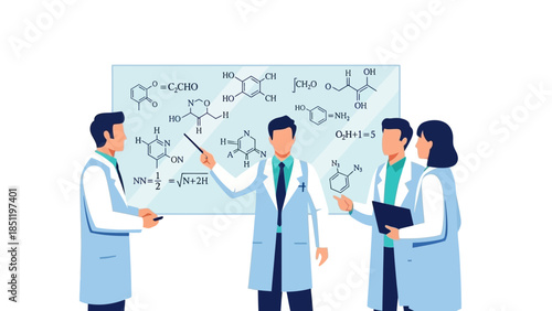 Scientists collaborating in modern style office with chemistry formulas on board