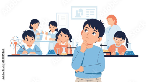Curious student in science classroom with teacher and classmates engaged in experiments
