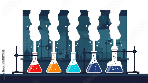 Colorful chemical reactions in laboratory with bubbling beakers and smoke