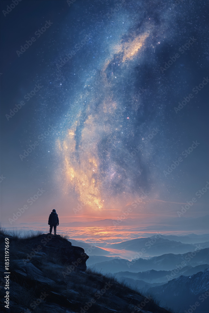 Fototapeta premium An astronaut stands on a mountaintop above clouds, gazing at a glowing nebula in the early morning sky filled with stars.