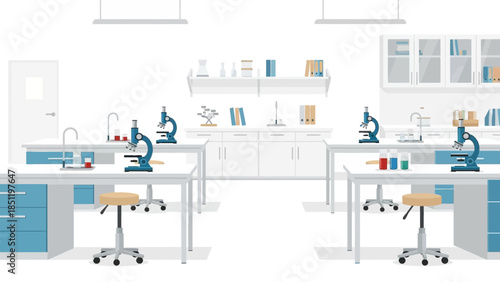 Modern laboratory interior with microscopes and scientific equipment
