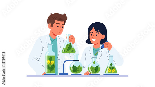 Scientists conducting botanical research with plants in laboratory setting
