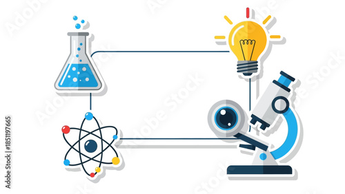 Science and innovation concept with lab equipment and atomic structure