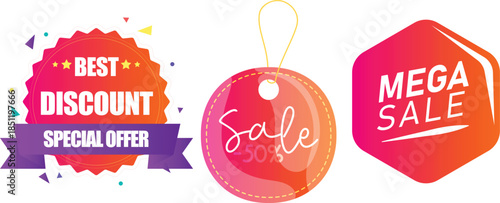 Simple flat style vintage labels, stickers with sale discount text.