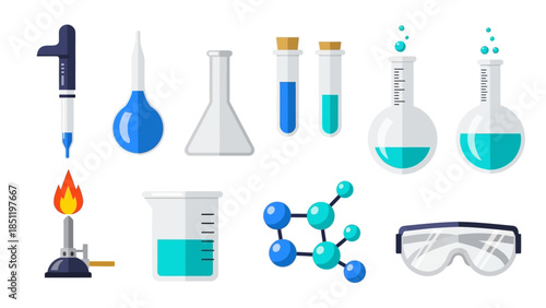 Flat design chemistry equipment set with lab tools and molecular structure