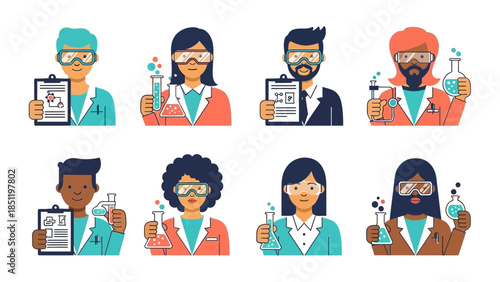 Diverse scientists in flat design working with lab equipment and formulas