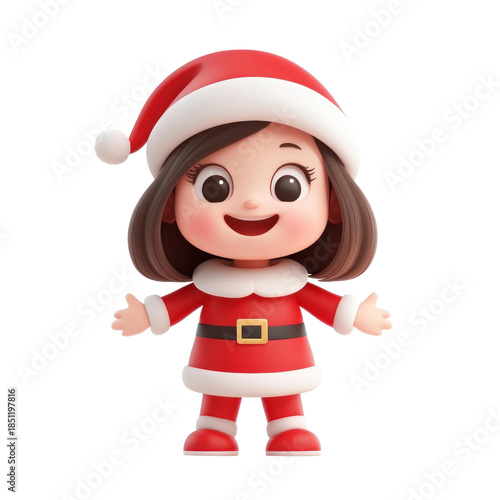 A cute, smiling girl in a Santa hat, wearing a red and white outfit with a white collar and a black belt, standing with her arms outstretched png transparent