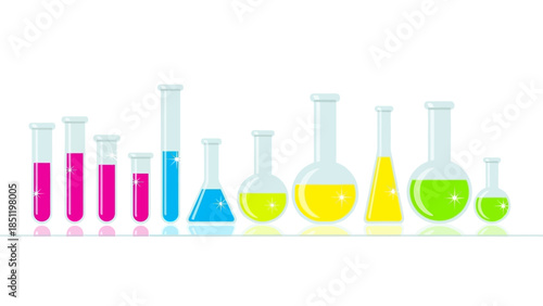 Colorful laboratory glassware with liquid in gradient style