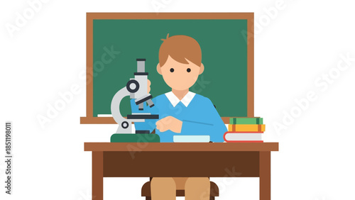 Student in classroom with microscope and blackboard in simple flat style