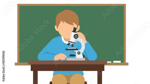 Flat design of student using microscope in classroom with chalkboard