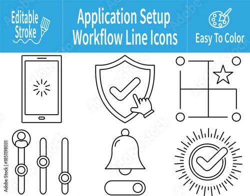 Application Setup Workflow Line Icons featuring mobile loading, permission approval, feature selection, preference sliders, notification control, and setup completion. Editable stroke