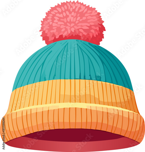 Colorful Knitted Winter Beanie with Pom-Pom Isolated on White Background, Winter Hat with Pom Pom, Cozy Knitted Beanie, Colorful Winter Knit Hat
