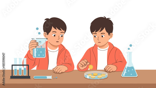 Curious kids conducting chemistry experiments in cartoon style