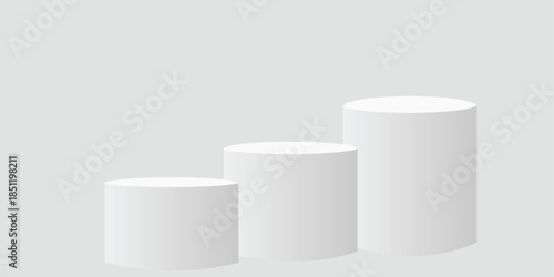 3D white cylinder podium pedestal set on grey background. Minimalist product display stage for showcase, presentation, or advertisement