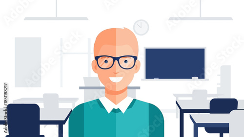 Smiling teacher in classroom setting with modern flat design
