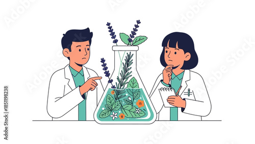 Scientists discussing herbal research with large flask of plants in modern style