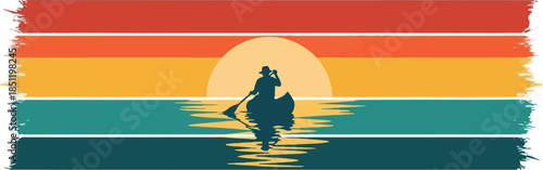Silhouette of a person paddling a canoe on a lake at sunset with a retro striped background.