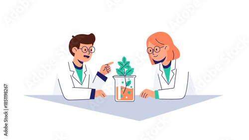 Scientists discuss plant experiment in lab setting with modern flat design