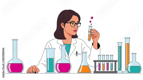 Scientist in lab coat analyzing colorful chemical solutions in test tubes