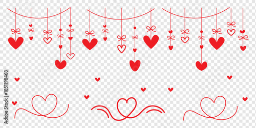 Red heart line icons.Hanging hearts garland.Set of simple hearts.Valentine's Day seamless pattern. Hearts garland isolated on a transparent background. Valentine's day decoration.