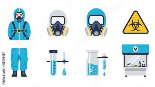 Hazmat suit and laboratory equipment with gas mask and biohazard symbols