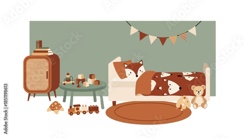 Adorable woodland themed kids room decor with fox bedding and toys