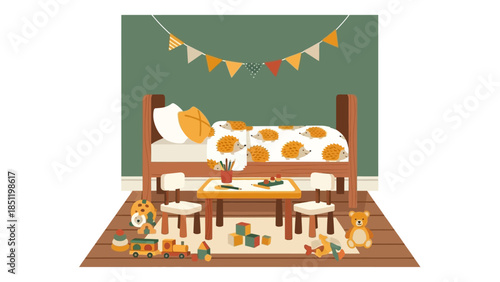 Cozy children's room with bunk bed, playful toys, and colorful decor