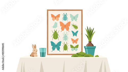 Natural home decor with butterfly and insect art display on table