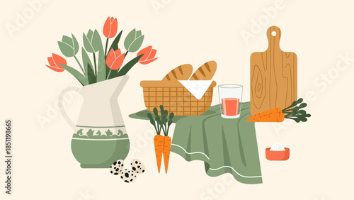 Charming spring picnic setup with flowers, fresh bread, and vibrant vegetables