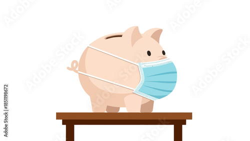 Piggy bank wearing mask on table: financial safety during pandemic
