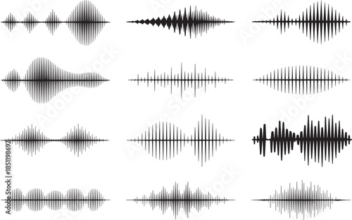 Collection of sound wave patterns and audio waveforms