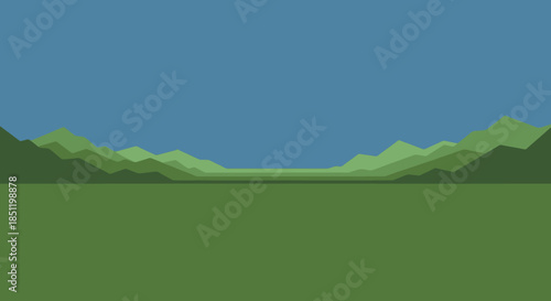 Minimalist Landscape with Green Fields and Distant Hills under a Clear Blue Sky.
