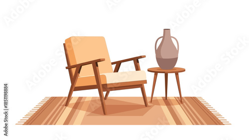 Mid-century modern interior: armchair, vase, and side table on rug