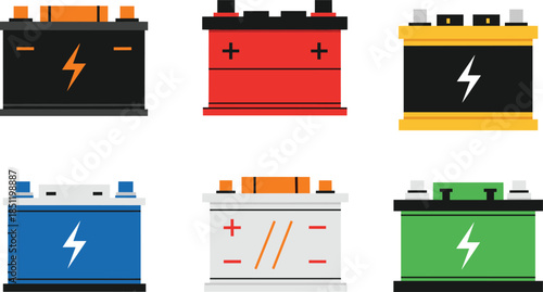 Flat vector illustration set of colorful car and vehicle batteries featuring various power capacity symbols for automotive repair maintenance and energy storage.