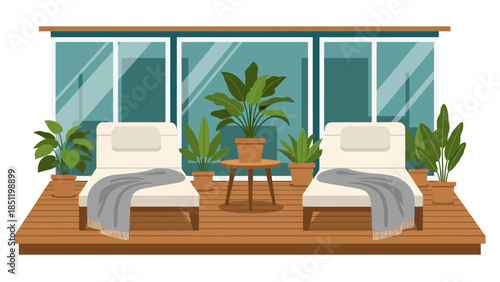 Cozy patio retreat with modern lounge chairs and lush greenery