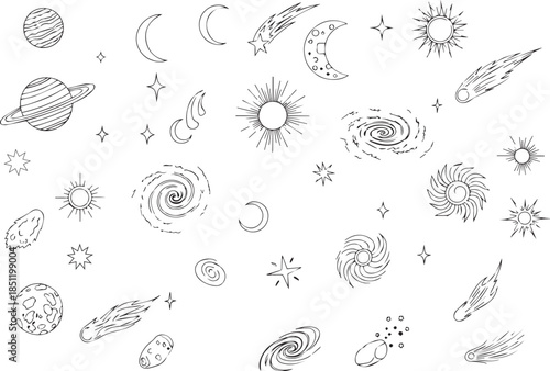 Hand-drawn space doodle illustration set featuring planets, moons, stars, comets, galaxies, constellations, sun symbols, and cosmic elements. Black and white line art, ink sketch style, whimsical .