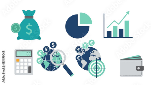 Financial growth icons featuring calculator, charts, and currency symbols